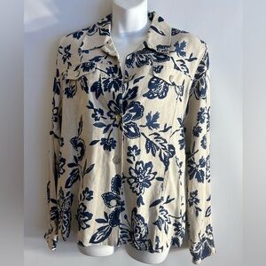 ALFRED DUNNER BEIGE & NAVY FLORAL LINEN & RAYON BLOUSE/JACKET WOMEN’S SIZE 10